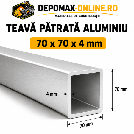 Teava patrata aluminiu 70 x 70 x 4 mm, 6 metri (EN AW-6060)